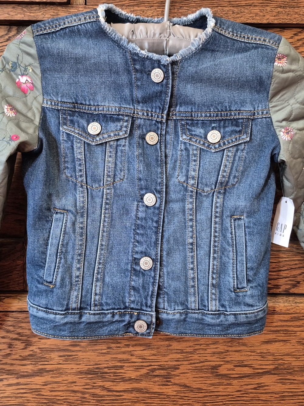 GAP Blue Denim Jacket with Olive Quilted Floral Sleeves